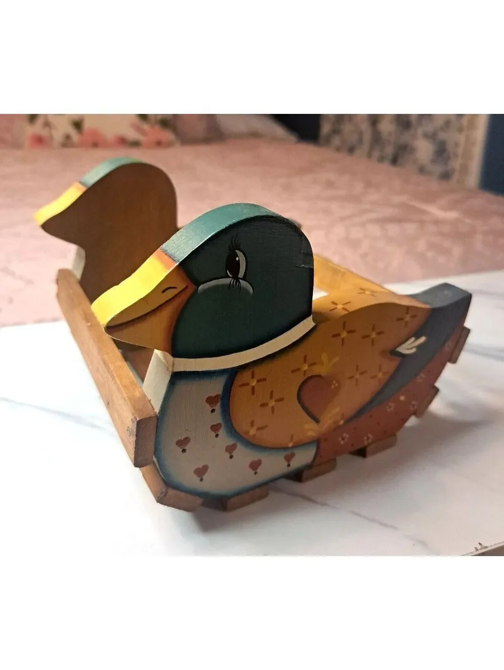 Vintage Hand-Painted Rustic Country Mallard Heart Wooden Slatted Basket 6